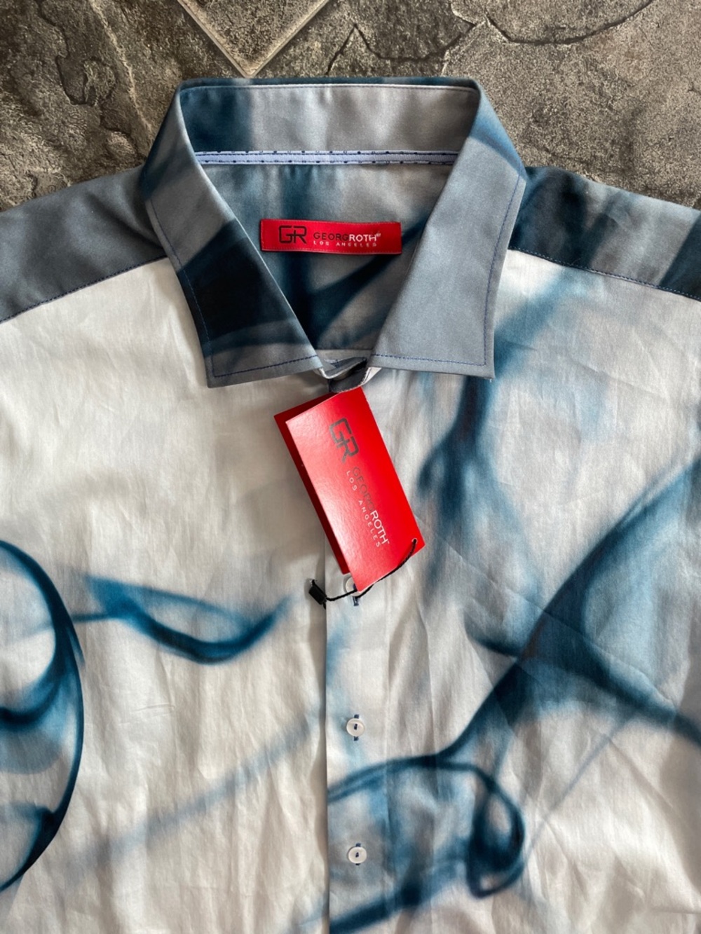 ⭐️NWT GEORG ROTH Blue Smoke Print Button-up Urban Office Luxury Dress Shirt XXL